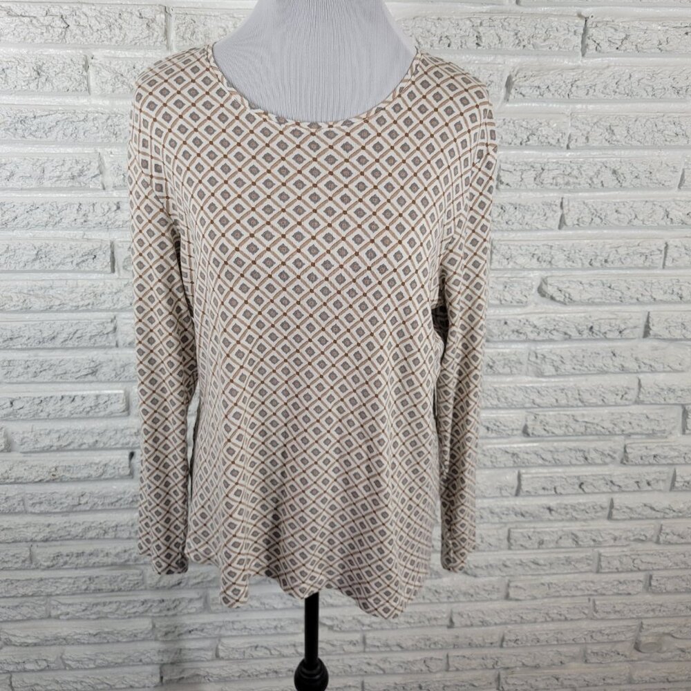 Croft & Barrow Women's XL Gray Tan Geometric Cotton Jersey Long Sleeve GEO195E